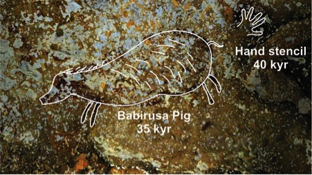 One of the earliest examples of rock art in the world: a Babirusa (deer-pig) pig and a hand stencil from Sulawesi Island, Indonesia. Modified from: Aubert et al., 2014. Pleistocene cave art from Sulawesi, Indonesia. Nature 514, 223-227.