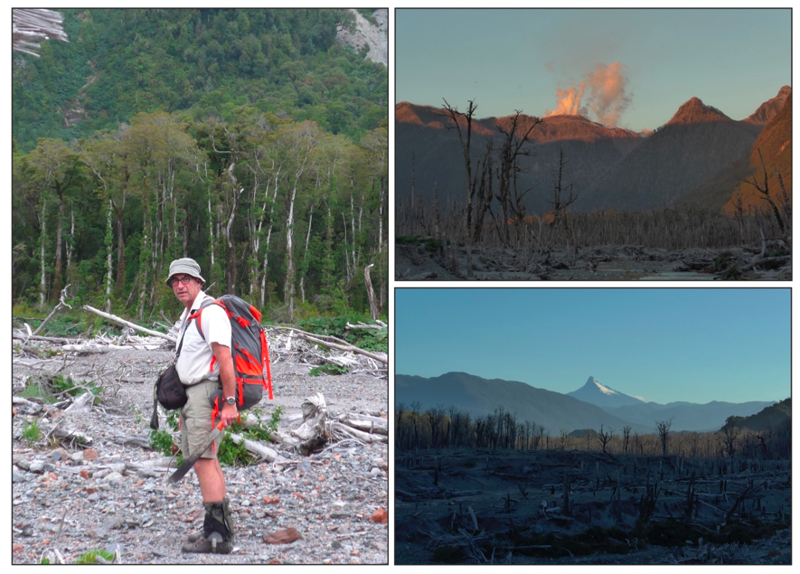Photo 2 “Tramping around tons of white ashes from the 2008 eruption evoked a special feel of devastation and remind us that nature is both powerful and deadly”. Prof. Brent Alloway, the steaming Volcán Chaitén and the devastated Chaitén valley with Volcán Corcovado on the background. 